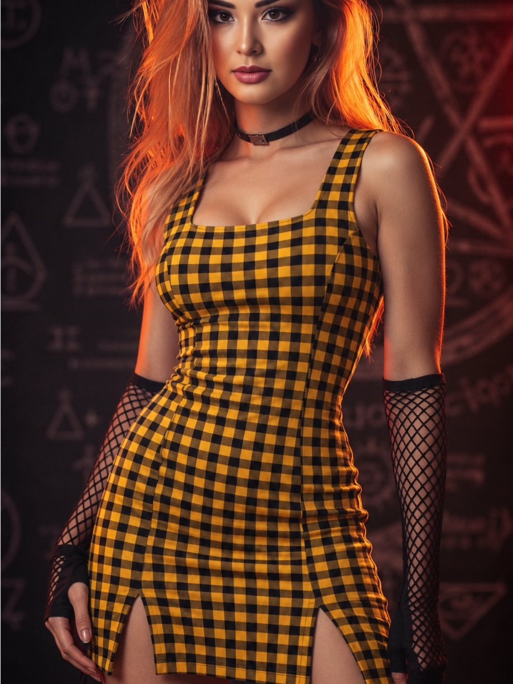 Good Luck Gem Yellow and Black Gingham Square-Neck Mini Dress